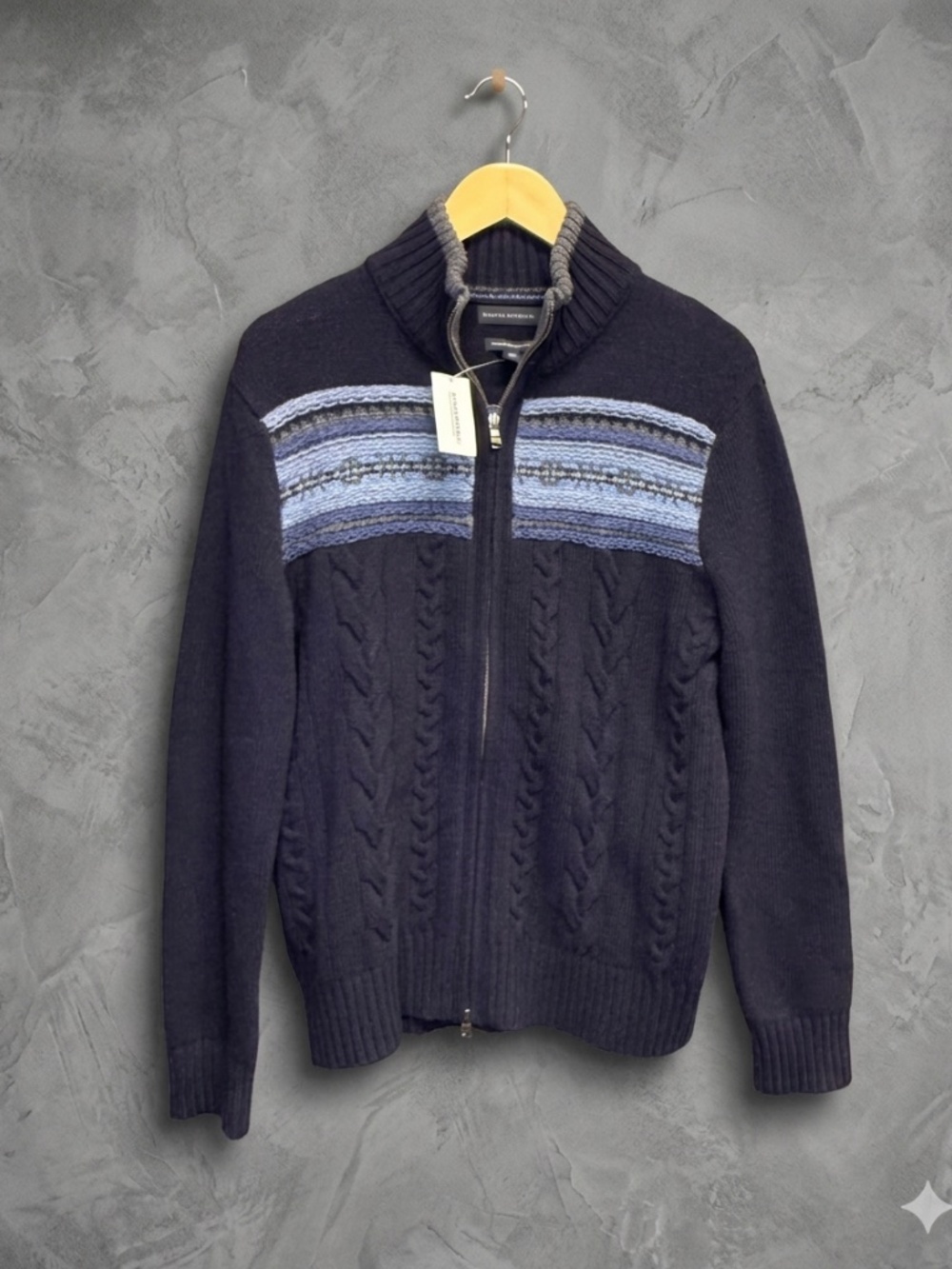 NWT Banana Republic Men’s M Italian Merino Wool Cable Full Zip Sweater Fair Isle
